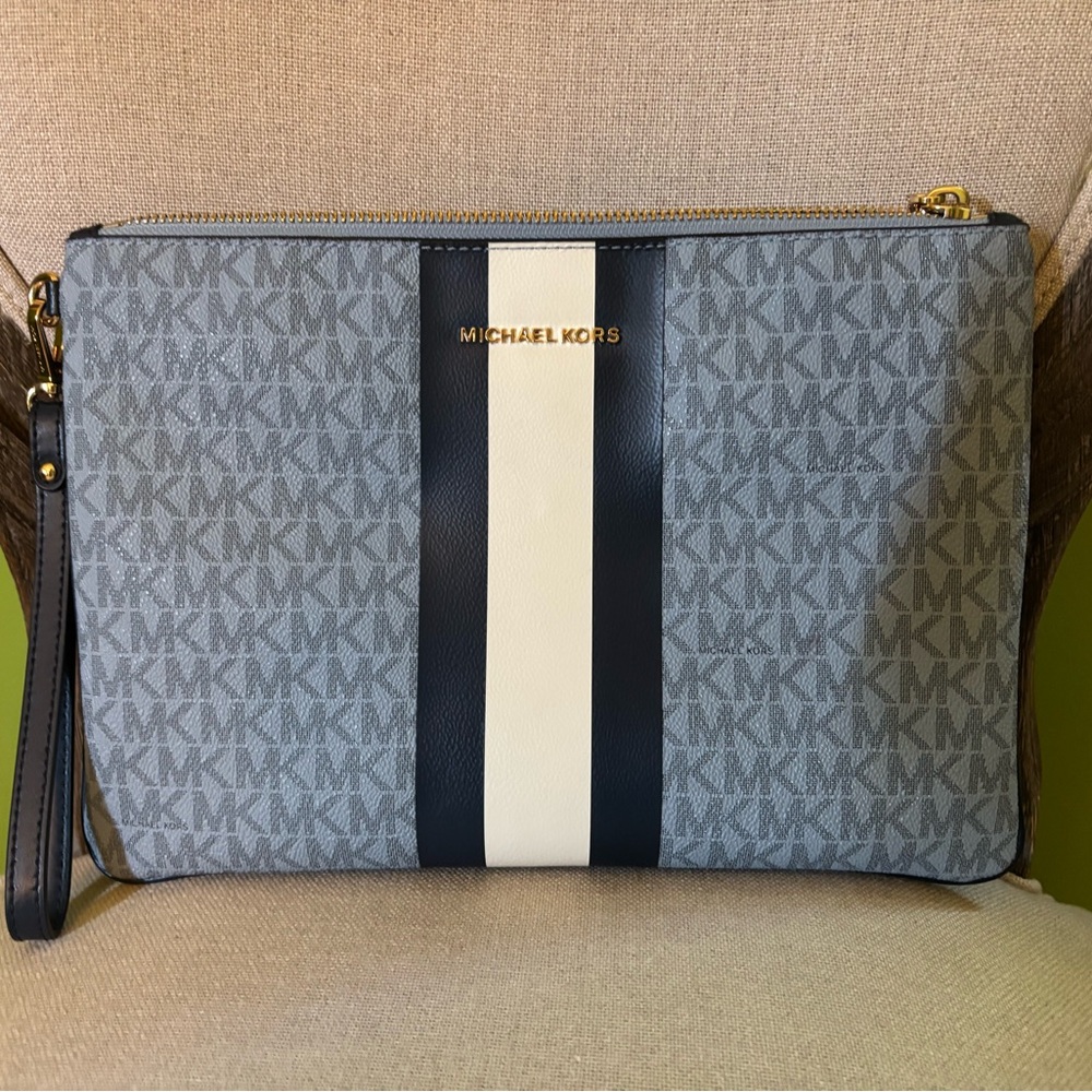 Michael Kors Gray Logo Wristlet with Black and Cream Stripe